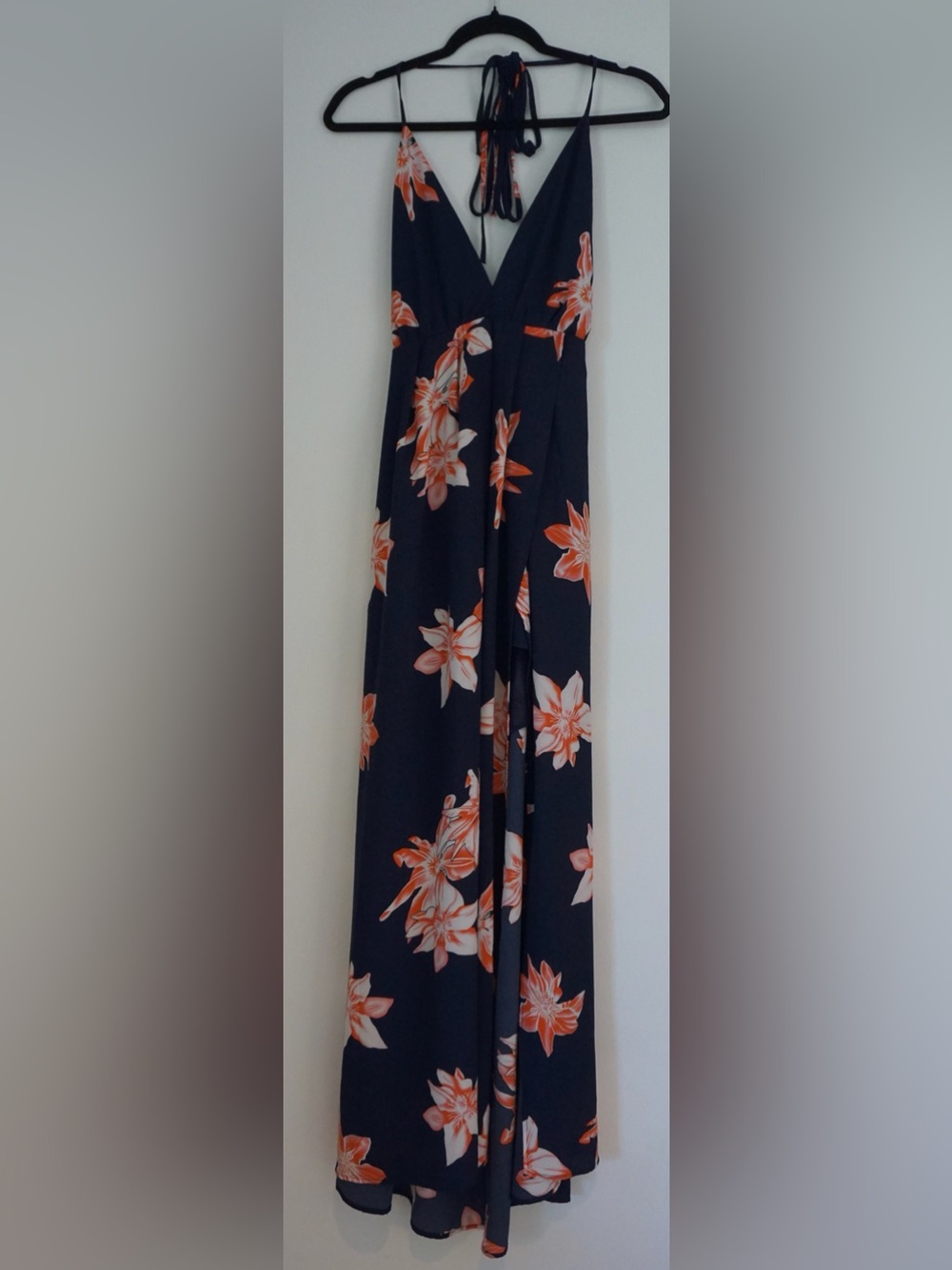 Lee Navy Halter Backless Maxi Dress with Orange Floral Print